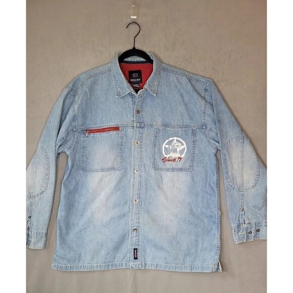 Vintage Bugle Boy LS Button Up Denim Shirt Mens L Blue Light Wash Cotton Logo - Picture 1 of 13